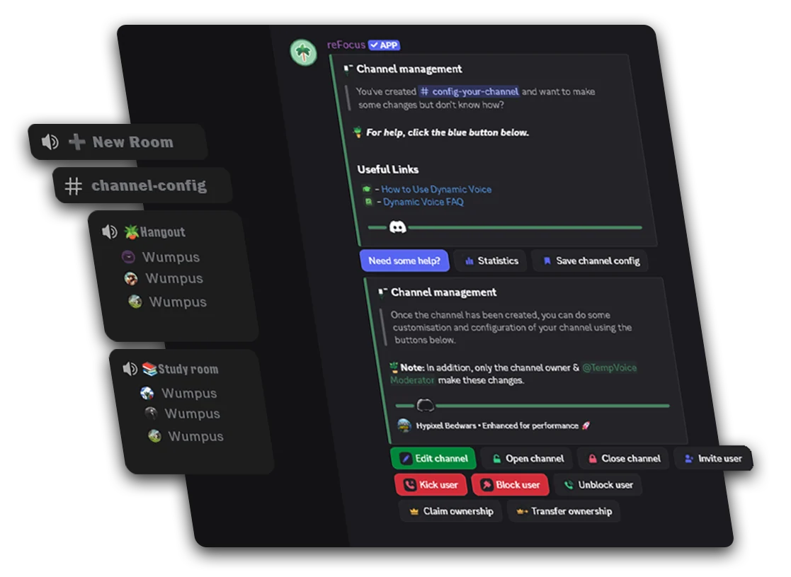 The real Dynamic Voice channel management interface inside Discord