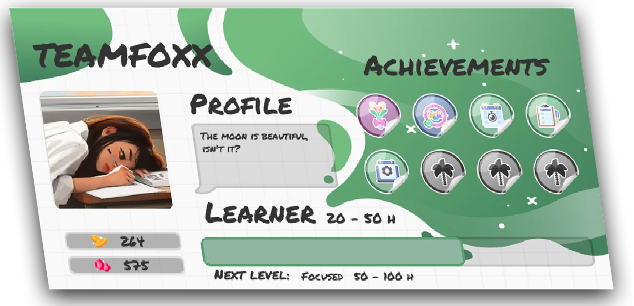 Study With Me profile card with achievements and level
